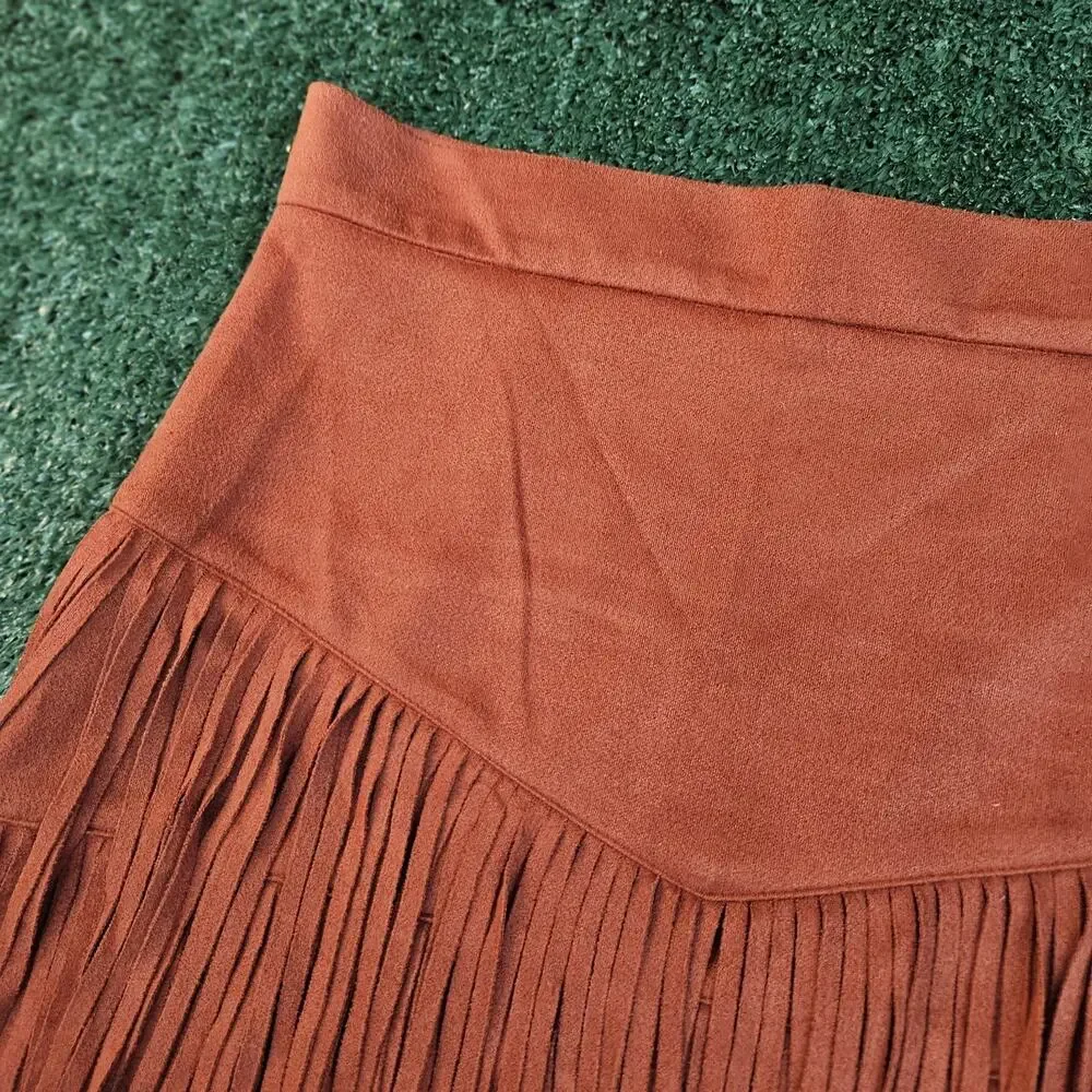 FLYING TOMATO Womens M Red Faux Suede Fringe Skirt Side Zip Western Bohemian